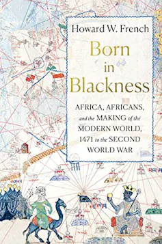 A book cover with an illustration that is detail of The Catlan Atlas showing a king greeting a berber on camel back, lines and buildings in the background.