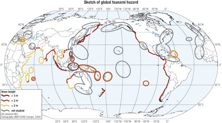 Map showing areas of the world at risk from tsunamis.