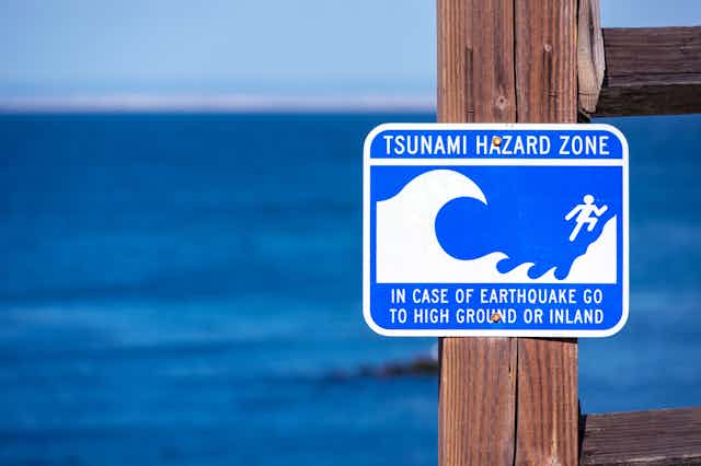 Tsunami warning sign with sea in background