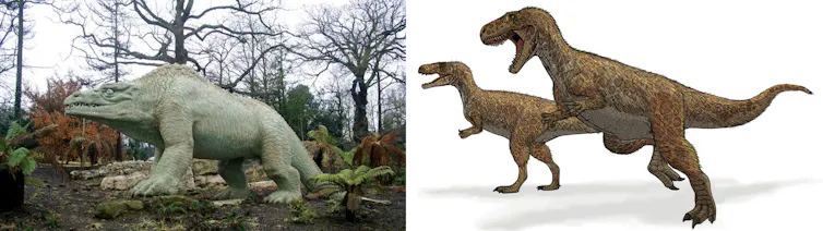 Gauche : le dinosaure est sur 4 pattes, il ressemble à un gros varan, avec des pattes et un corps massif et une tête plus fine ; Droite : deux dinosaures dressés sur leurs pattes arrières, avec deux pattes avant très petites, l’allure est plus élancée