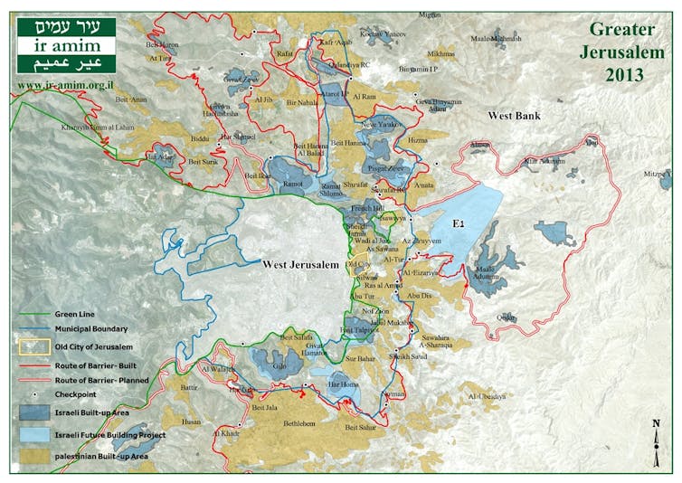 2013 Map of Jerusalem showing the route of the Barrier and current and planned Israeli developments.