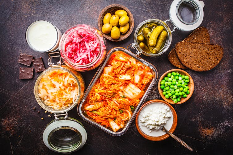 Kimchee, sour cream and other probiotic foods on a table