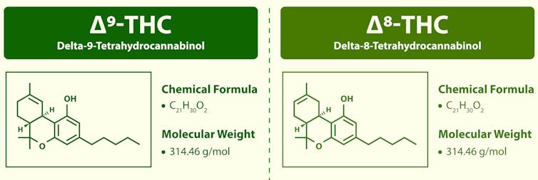 Two charts depicting the chemical structures of delta-8 THC and delta-9 THC.