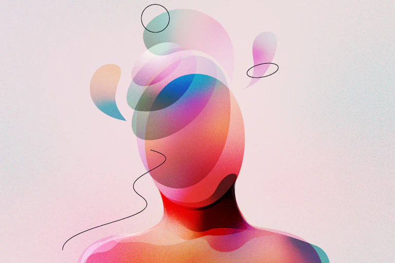 Illustration of a faceless upper body of a person in a color gradient, with circular shapes lifting off the head