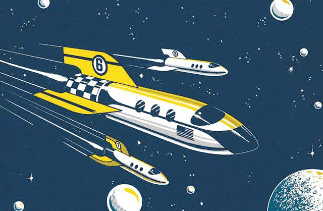 A drawing of multiple rockets flying through space.