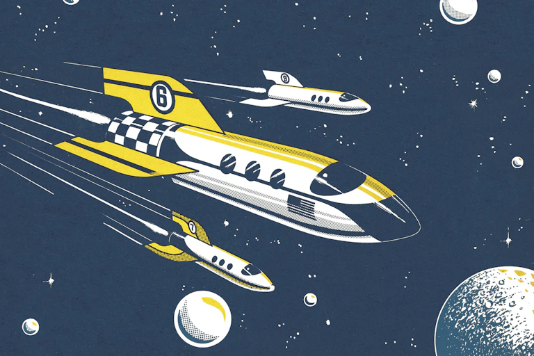 A drawing of multiple rockets flying through space.