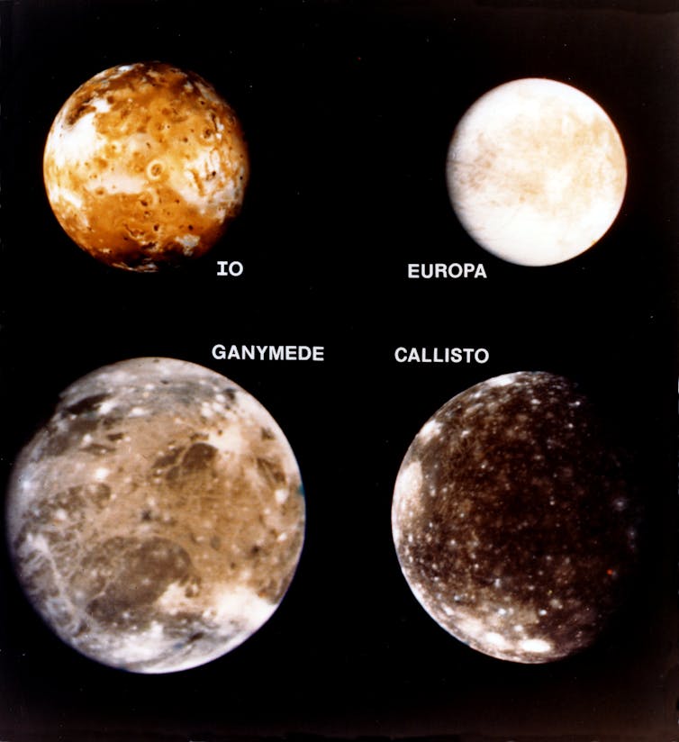 A composite image of four of Jupiter's moons.