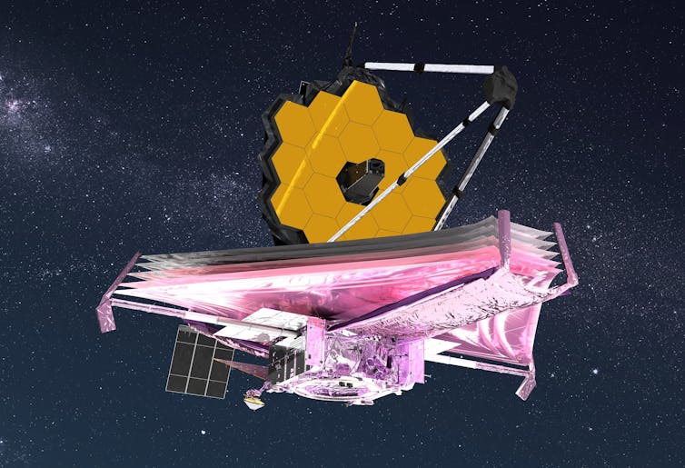 An artist's rendering of the fully deployed James Webb Space Telescope in space, showing the gold mirrors and sunshield below.
