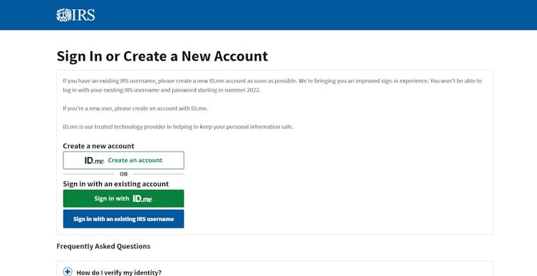 a webpage with the IRS logo in the top left corner and buttons for creating or logging into an account