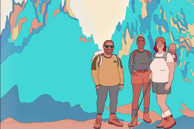 Illustration of three adults in hiking clothes in the mountains, carrying backpacks and a baby