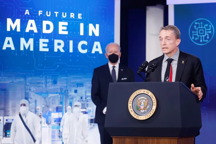 CEO Pat Gelsinger and President Joe Biden at the launch of Intel's new Ohio factory.