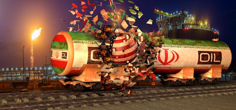 A montage depicting a US wrecking ball destroying a tanker with Iranian oil.