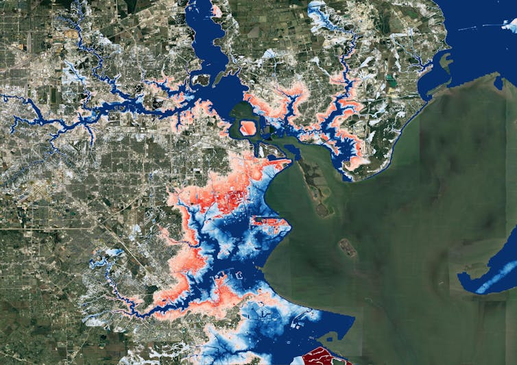 A map of Houston showing flooding extending much farther inland.