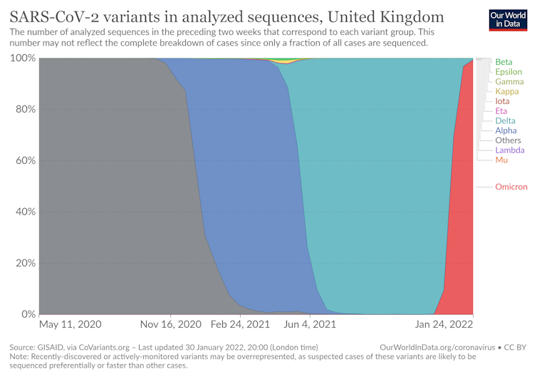 A graph showing the rise of Omicron (red) and its displacement of earlier COVID-19 variants in the UK.