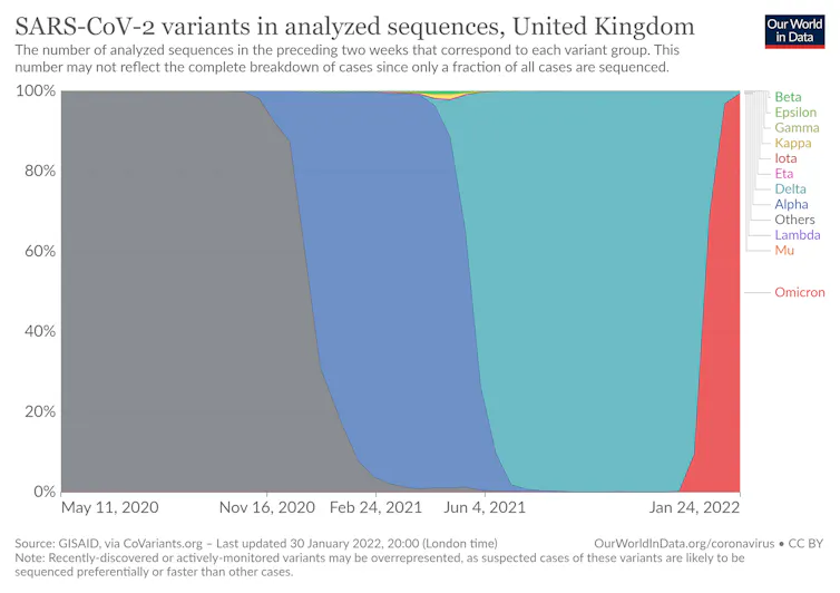 A graph showing the rise of Omicron (red) and its displacement of earlier COVID-19 variants in the UK.