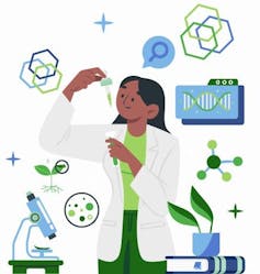 Graphic illustration of a person in a lab surrounded by equipment.
