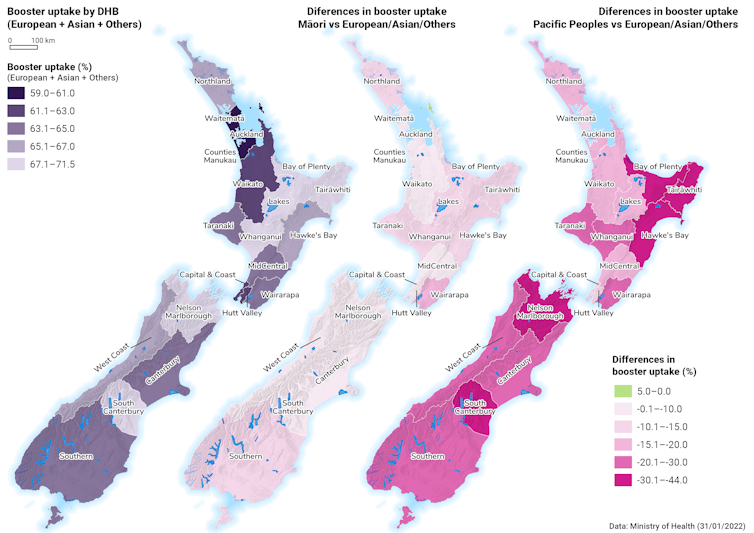 This graph shows the geographical and ethnic difference in the uptake of booster vaccinations.