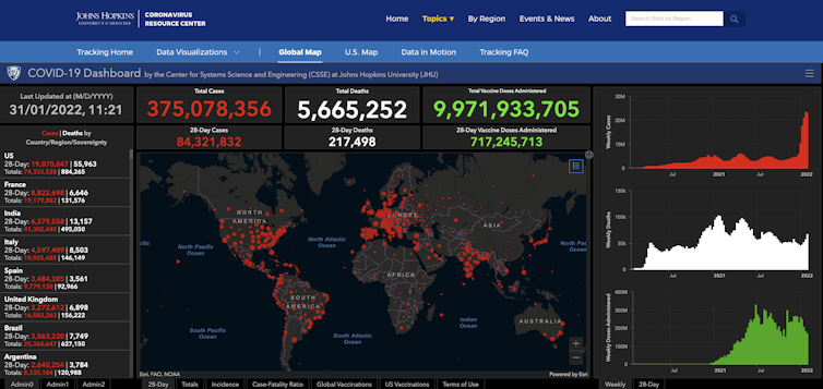 Screenshot of Johns Hopkins COVID tracker, with lots of charts, maps and numbers.