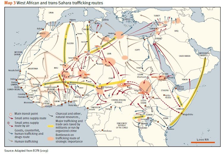 A map showing West and trans Saharan Africa small arms smuggling route