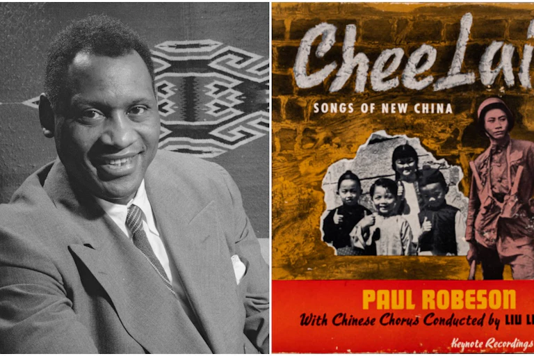 Composite photo of Paul Robeson and of the cover of the allbum 'Chee Lai: Songs of New China"