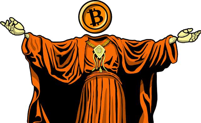 Cartoon of person in robe with bitcoin token as a head.
