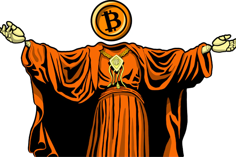 Cartoon of person in robe with bitcoin token as a head.