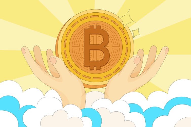 Hands emerging from clouds holding a bitcoin token.