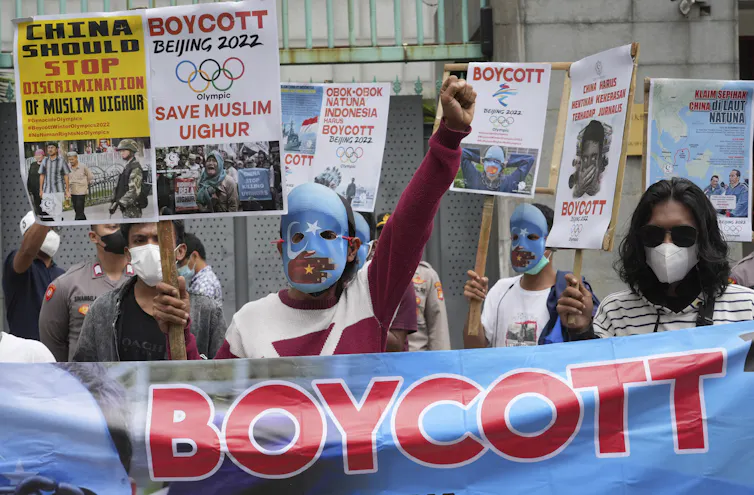 Protesters outside the Chinese embassy in Jakarta.