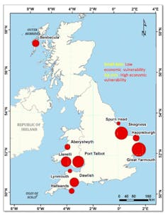 Map of UK with dots representing vulnerable hotspots.