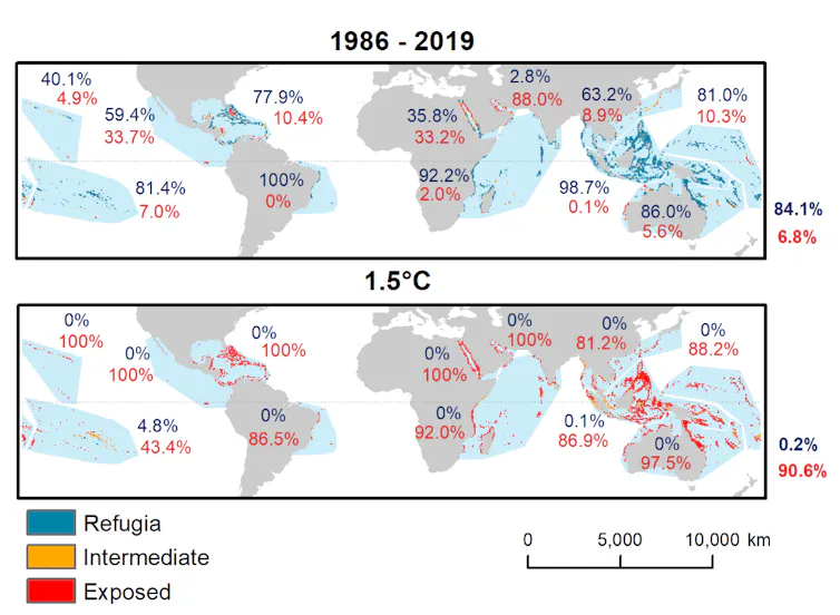 Two world maps comparing coral reef refugia 1986-2019 versus at 1.5°C.