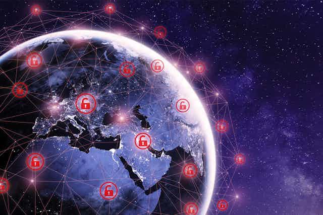 Artist's impression of a globe under cyber attack with information systems being locked up.