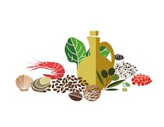 Illustration of foods representative of the Mediterranean diet: olive oil, seafood, nuts, grains