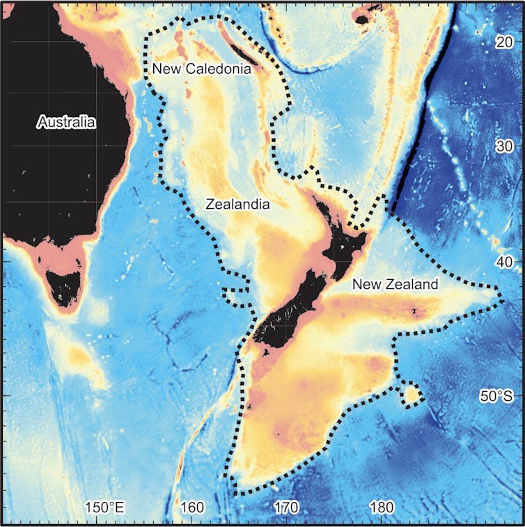 A map of the Zealandia continent, southwest Pacific