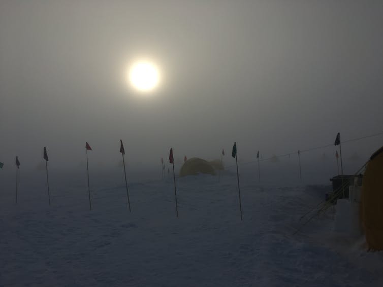 Antarctic field camp during a day of low cloud.