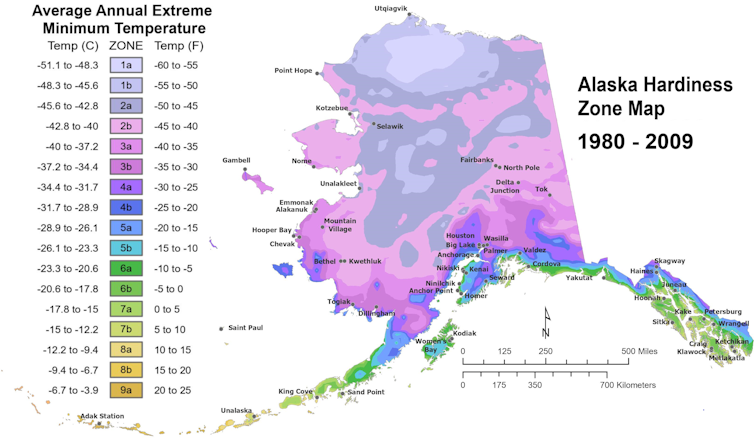 Los mapas muestran cambios en las zonas de rusticidad de las plantas de Alaska desde 1980 hasta 2010