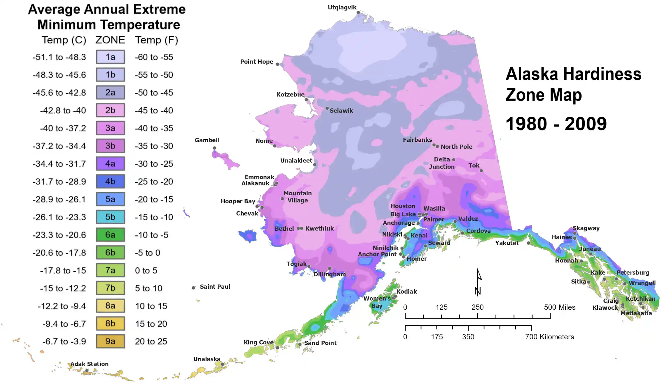 Maps show shifts in Alaska plant hardiness zones from 1980 to 2010