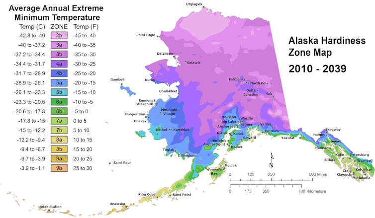 Maps show Alaska plant hardiness zones from 2010 to 2039