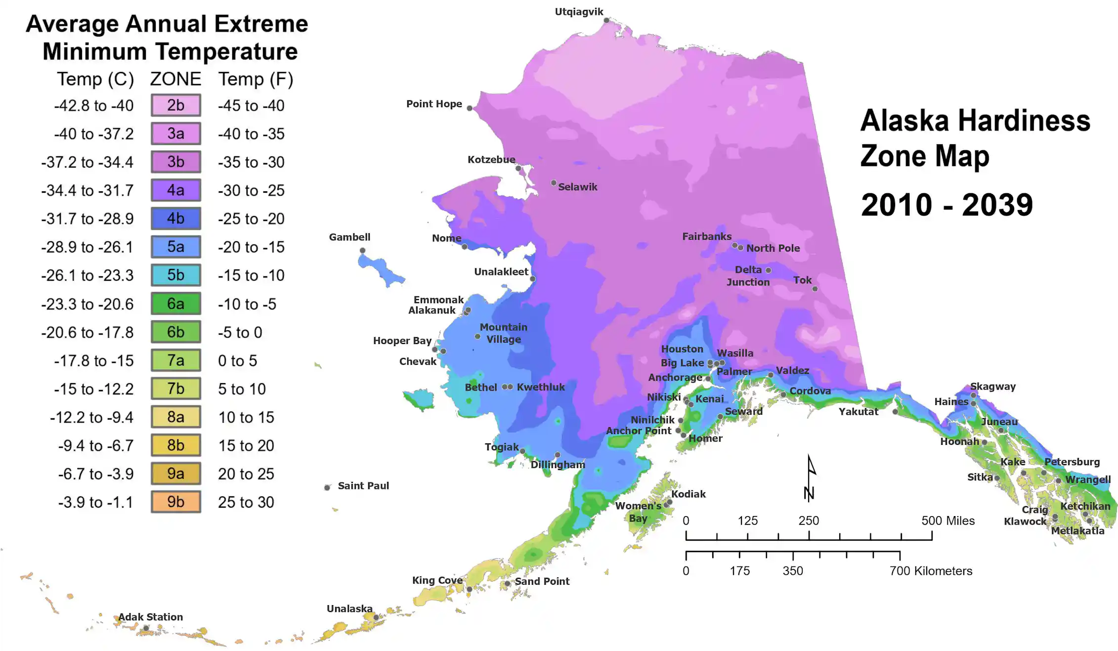 Maps show Alaska plant hardiness zones from 2010 to 2039