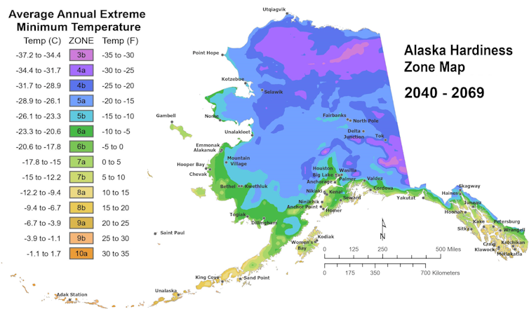 Maps show Alaska plant hardiness zones from 2040 to 2069