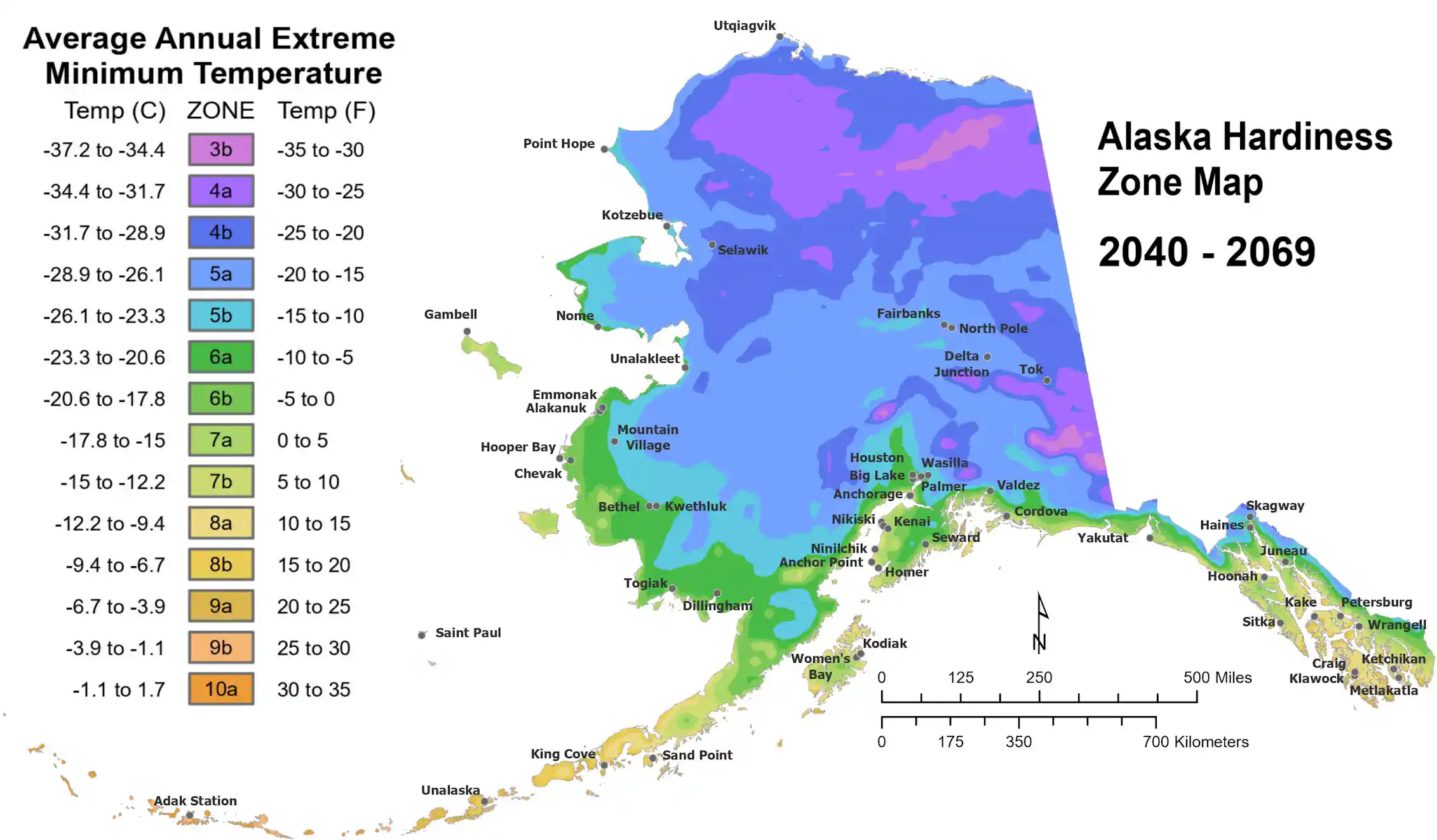 Maps show Alaska plant hardiness zones from 2040 to 2069