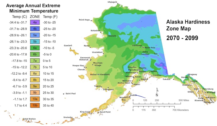 Maps show Alaska plant hardiness zones from 2070 to 2100