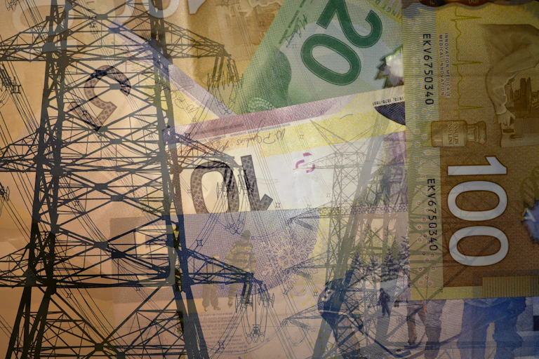 Torre de alta tensión con fondo de billetes de euro.