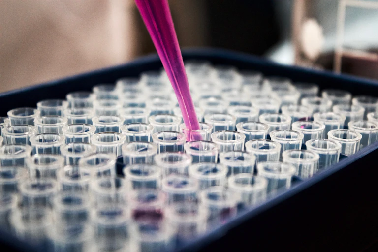 A pink fluid is poured into tiny vials.