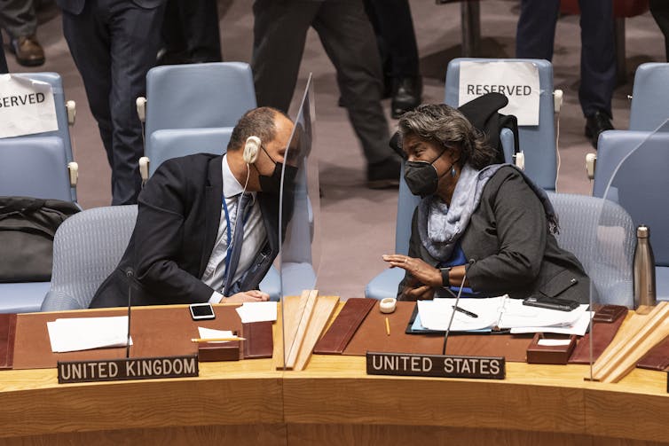 UK and US Ambassadors lean towards each other across a table