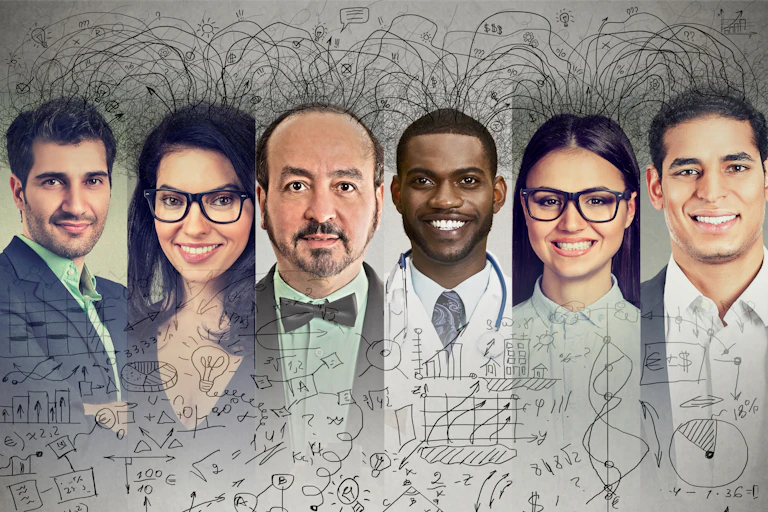 Six different people against drawing symbolising a sharing of ideas