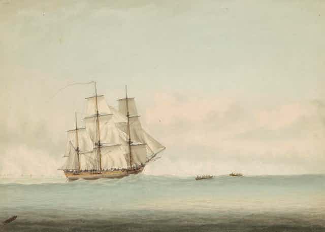 Illustration of HMS Endeavour off the coast of New Holland