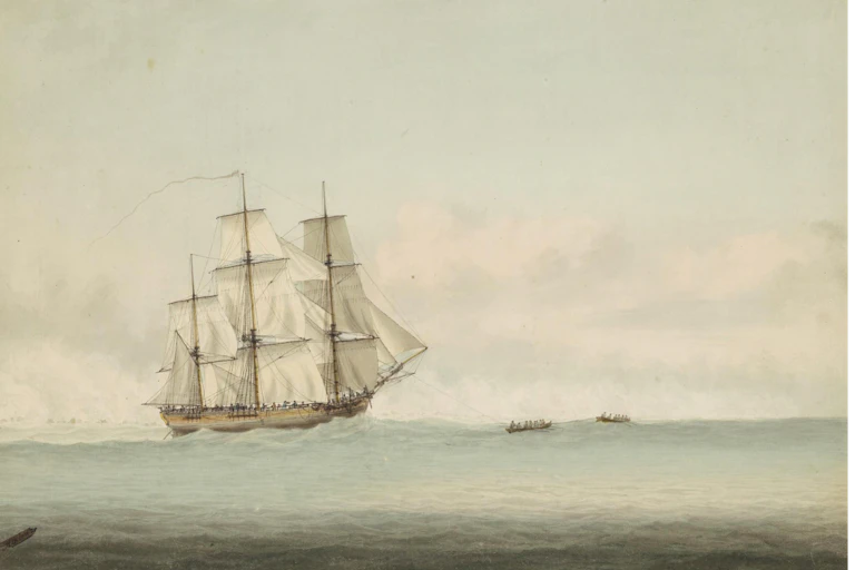 Illustration of HMS Endeavour off the coast of New Holland