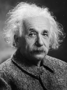 Portrait of Albert Einstein in black and white.