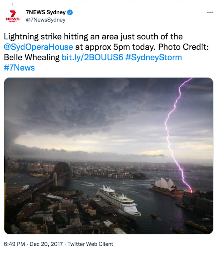 Storm striking a tree in the Sydney Botanic Gardens