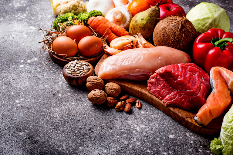 Sélection d'aliments compatibles avec le régime Paléo : viande rouge et blanche, mais aussi œufs, poire, clémentine, choux, poissons, carottes…